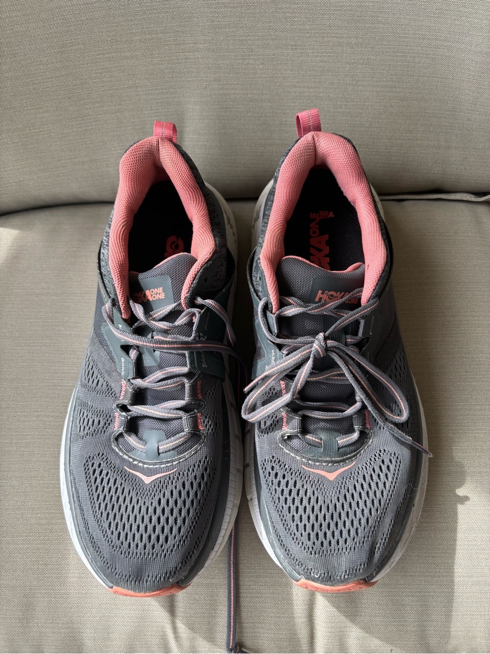 Hoka Women's Gray with Pink Accents Athletic Running Shoes